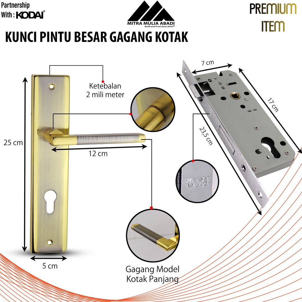 Kunci Pintu Besar Emas Ultima by KODAI | Gagang Persegi Panjang | Full Set