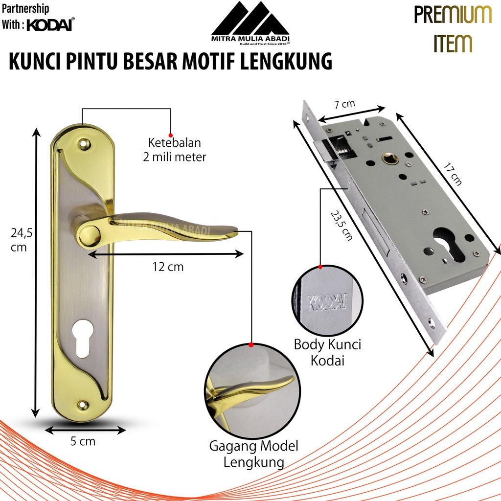 Kunci Pintu Besar Emas Ultima by KODAI | Gagang Lengkung | Full Set