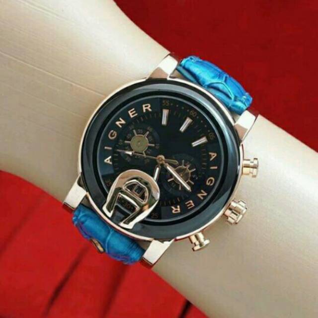 Jam tangan aigner black gold leather blue