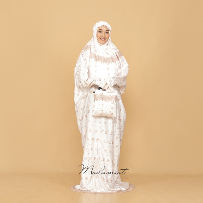 Mukena Terusan Sutra Paris Prada Renda Kalung Premium