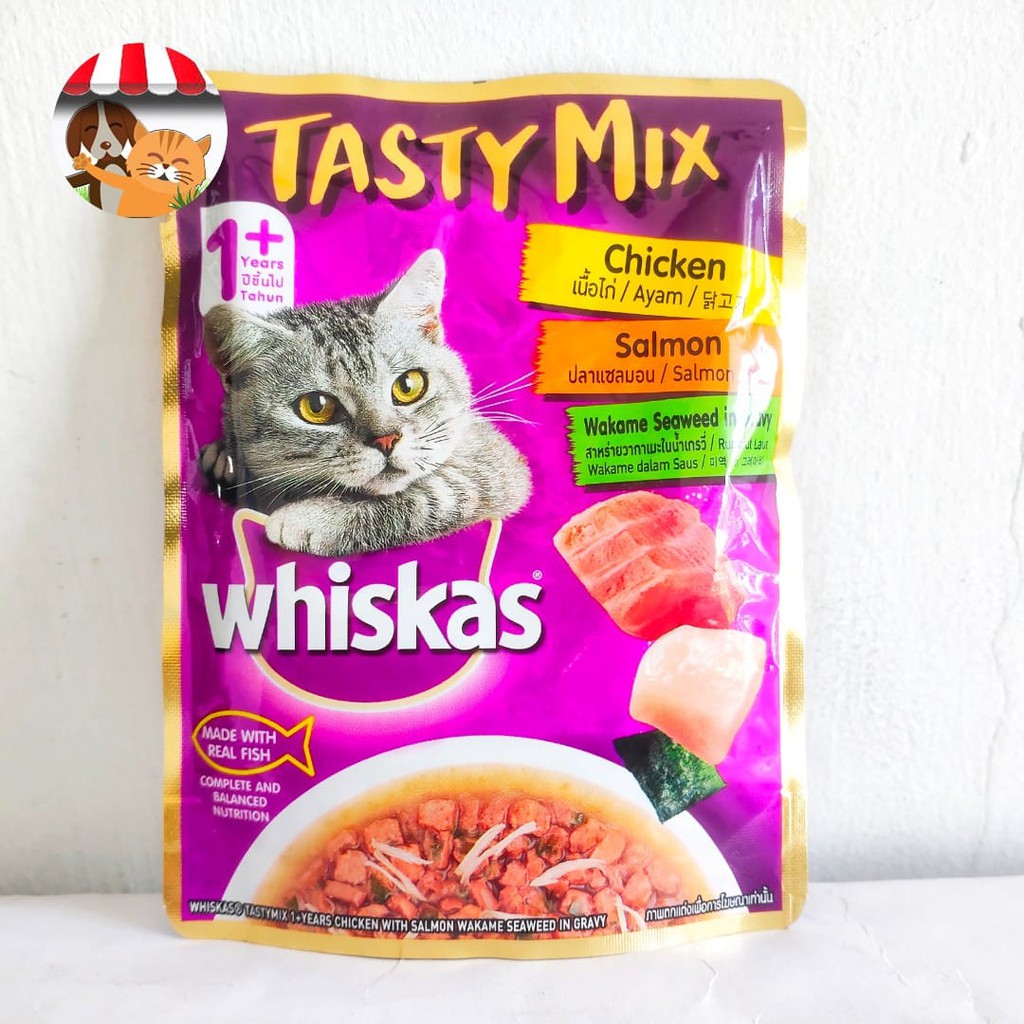 Whiskas Tasty Mix Rasa 70gr - Chicken Salmon Wakame Seaweed In Gravy