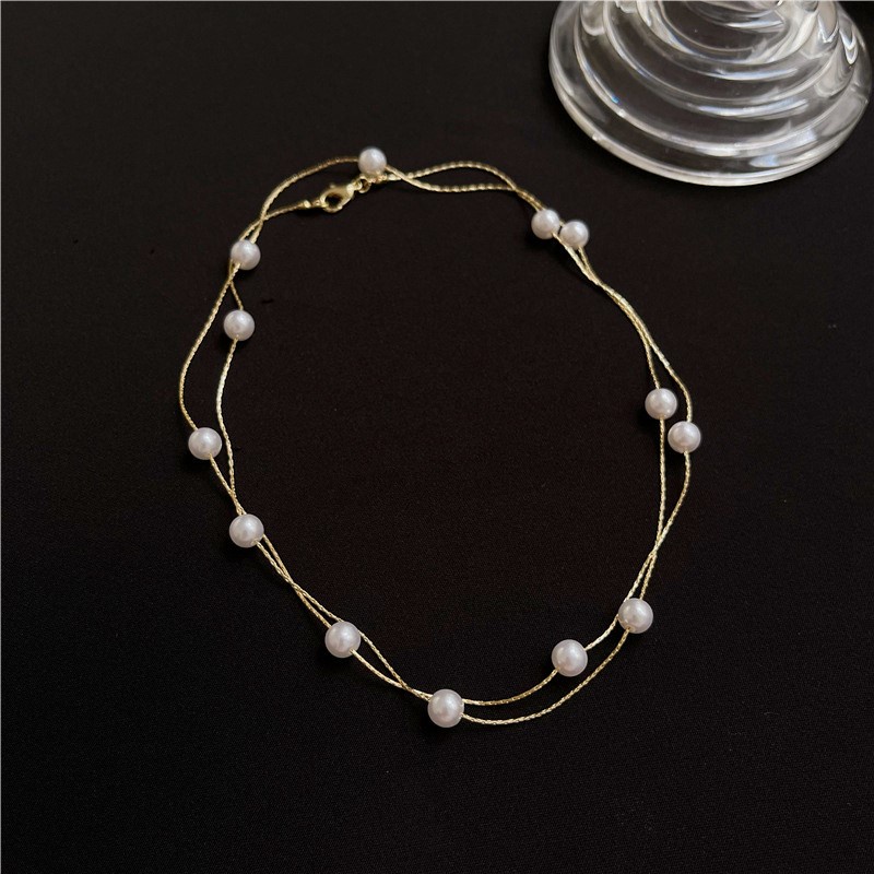 Kalung Rantai Wanita Model Lapis Ganda Aksen Mutiara Untuk Musim Panas
