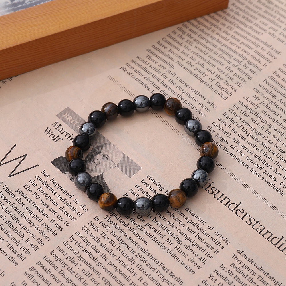 1pc Gelang Tangan Pasangan Manik Batu Hitam 8mm Gaya Vintage Untuk Priawanita