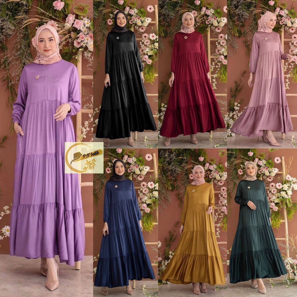 Gamis Syari Rayon Adem Warna Polos Susun Cantik Elegan Canda Busui Wudhu Friendly Hijau Botol Hitam