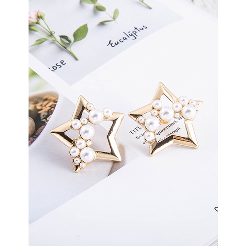 LRC Anting Tusuk Fashion Golden Pentagram Pearl Alloy Hollow Earrings K81568