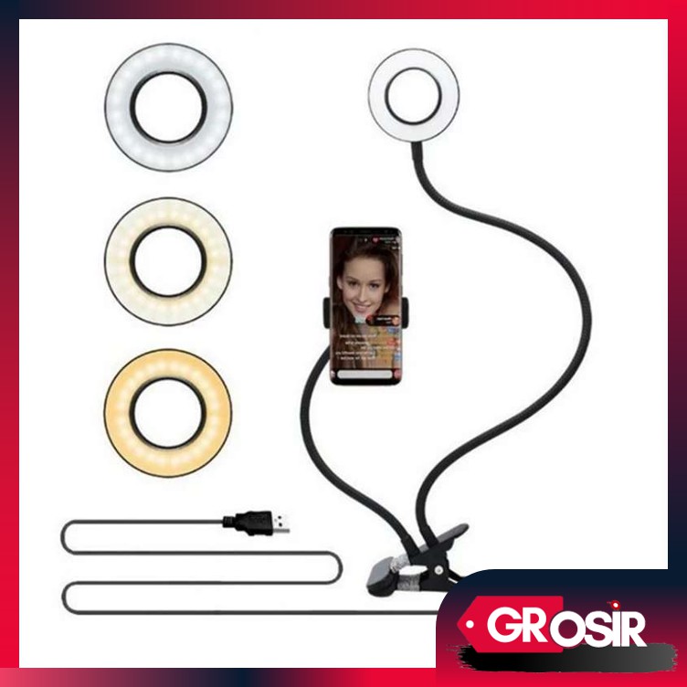 Grosir - 723 Phone Holder 2 in 1 Jepit Meja / Ringlight Lazypod 3 Lampu / Lazypod Ringlight