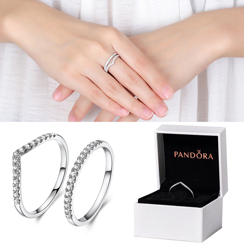 2pcs / Set Pandora Cincin 925 Silver Bentuk V Aksen Berlian Cubic Zirconia Dengan Kotak Untuk Wanita