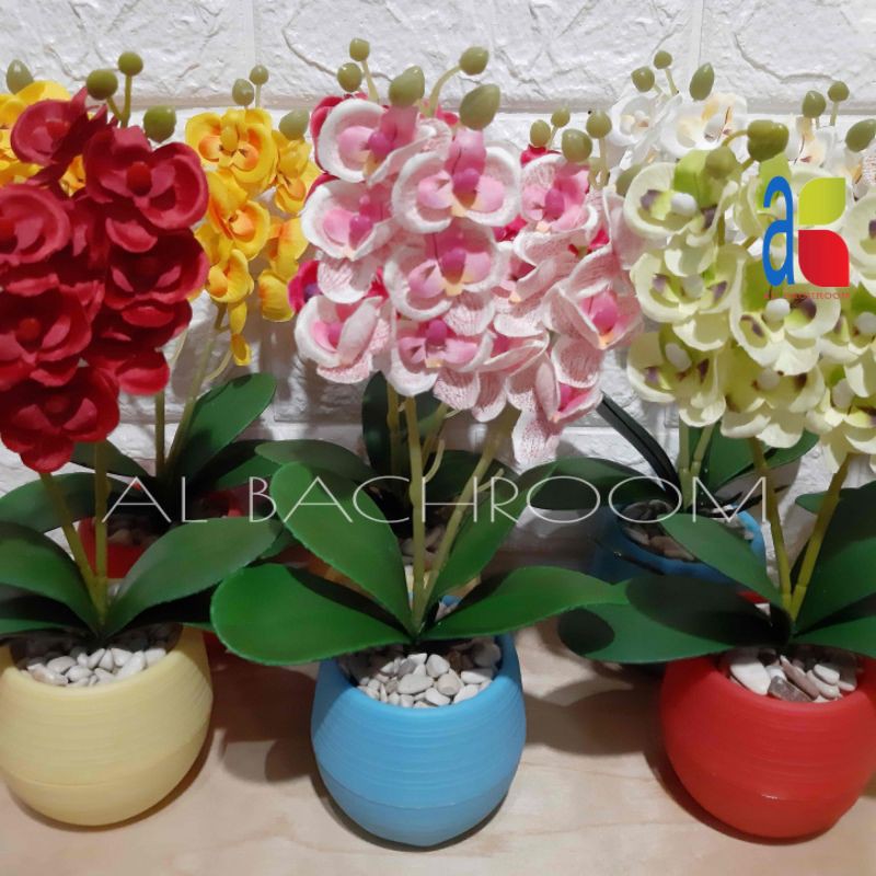 BUNGA ANGGREK SATU PAKET AT-28 DAN AT-22 POT BULAT BATU RB6037 BUNGA PLASTIK MURAH DEKORASI RUMAH INDAH