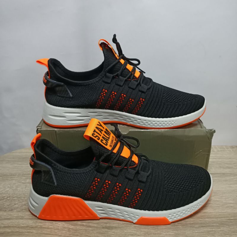 Klensia Sepatu Sport Sneaker Pria Men Sneakers Hitam Orange 989-001 - 44
