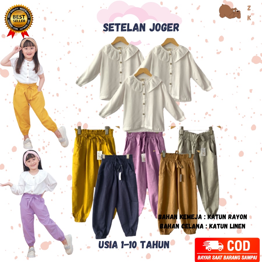 SETELAN JOGER Setelan Pakaian Baju Atasan Kemeja Putih Polos Celana Joger Linen Anak Perempuan Cewek