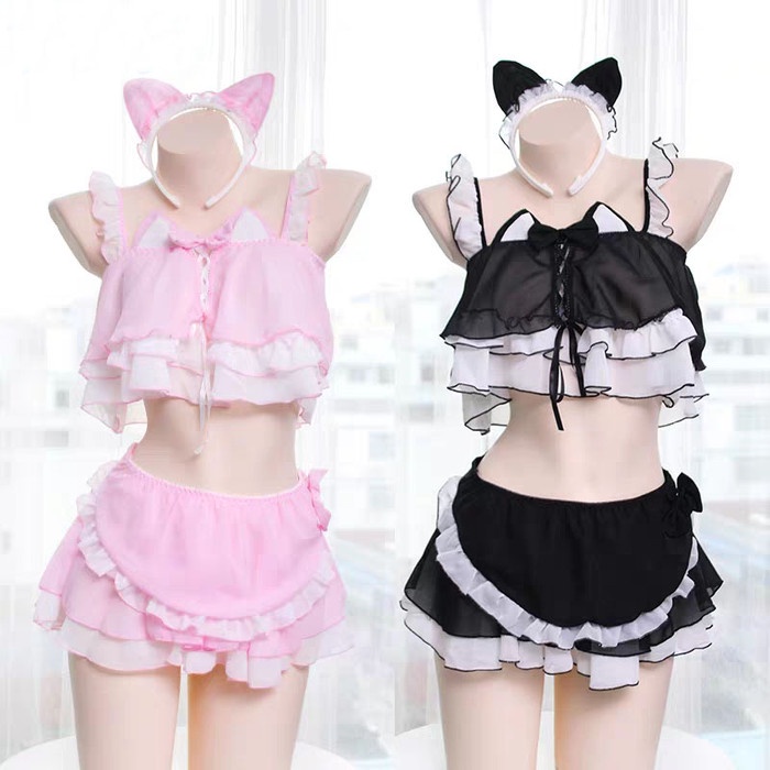 baju tidur wanita dewasa Lingerie wanita Kucing lucu Cosplay bermain sifon Lingerie anime A339 - Mer