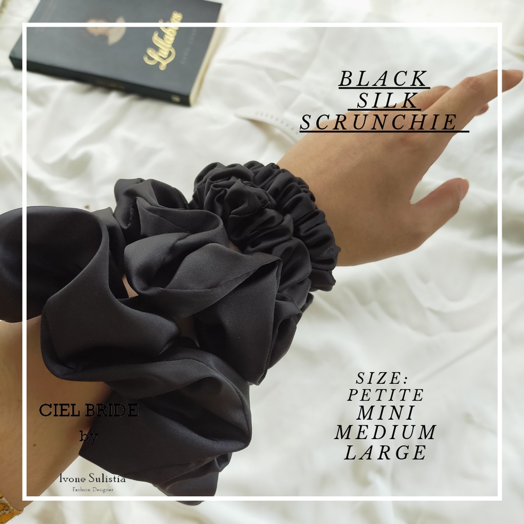 Black silk scrunchies premium with box | ikat rambut sutra italia