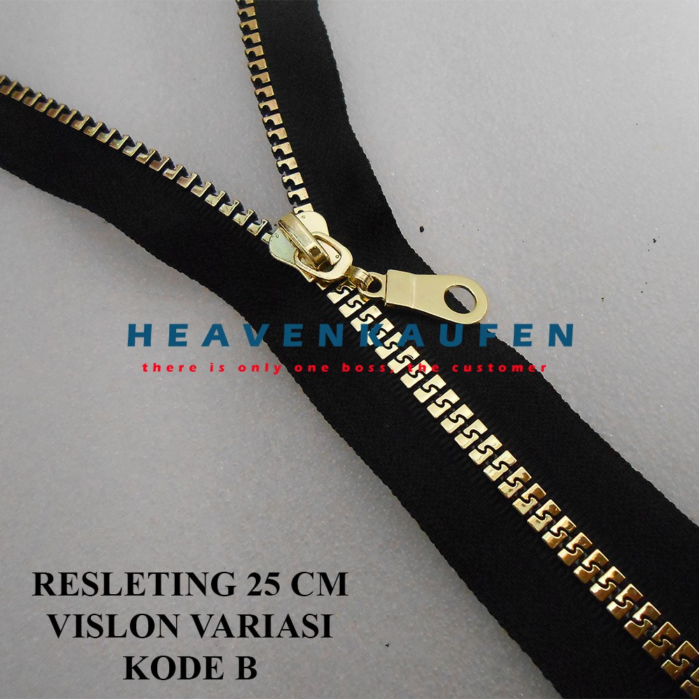 Resleting Zipper 25 cm Hitam - Gold Muda Vislon Variasi Untuk Resleting Busana Wanita Dll Kode B