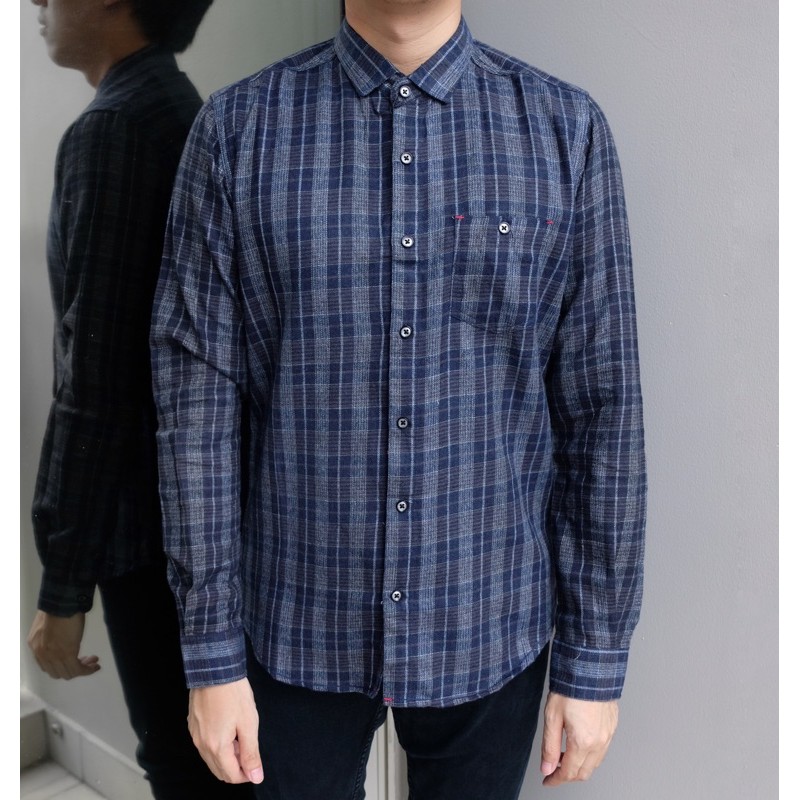 [GRATIS KAOS] Kemeja Lengan Panjang Flanel Biru Navy Kotak Flannel
