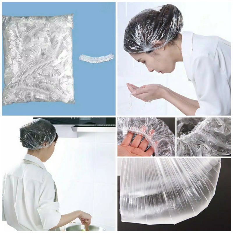 100pc Shower Cap Plastik Mandi Waterproof Gojek Pembatas Helm Rambut Masak Salon Haircap hair cap