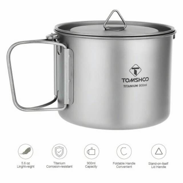 Titanium pot Tomshoo 900ml mug cup with lid handle and foldable portable gas canister