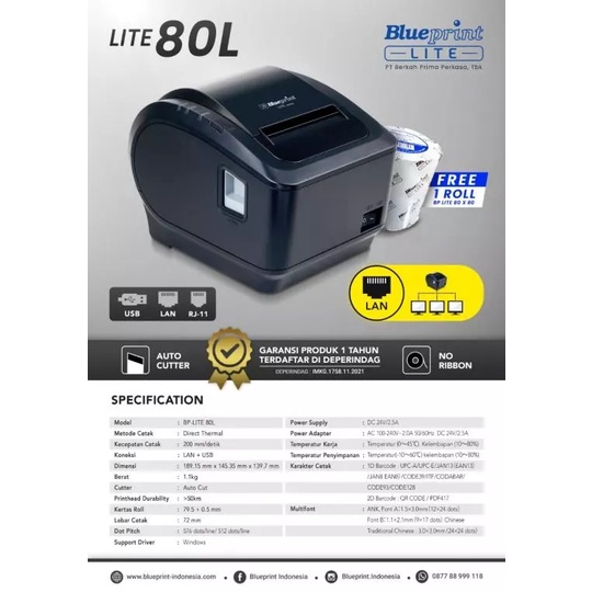 Blueprint Lite 80L Printer Thermal Kasir Struk Minimarket Label (LAN + USB + RJ11)