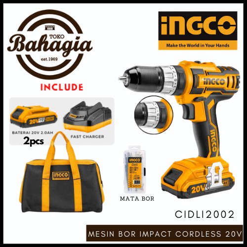 mesin bor impact drill bor cordless baterai bor tangan kayu beton 20v  2b 1fc  ingco cidli2002