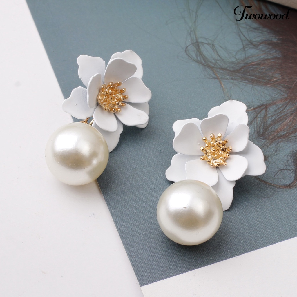 Twowood 1 Pair Big Flower Pendant Faux Pearl Women Earrings Alloy Piercing Sweet Drop Earrings Jewelry Accessory