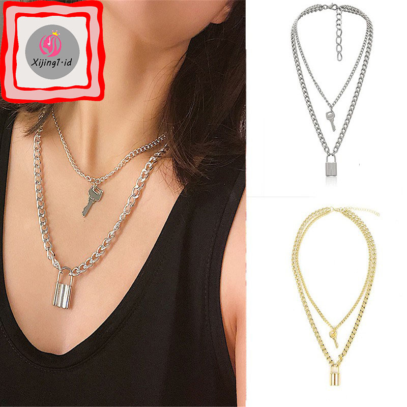 【TERSEDIA &amp; COD】[Kualitas Tinggi] Kalung Multilayer Lapis Emas Dengan Liontin Kunci Ganda Untuk