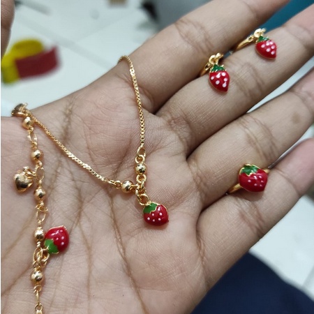 4in1 Gelang Cincin Kalung Anting Anak 2 - 9 Tahun Xuping Gold Karakter Set Perhiasan Anak Strawberry