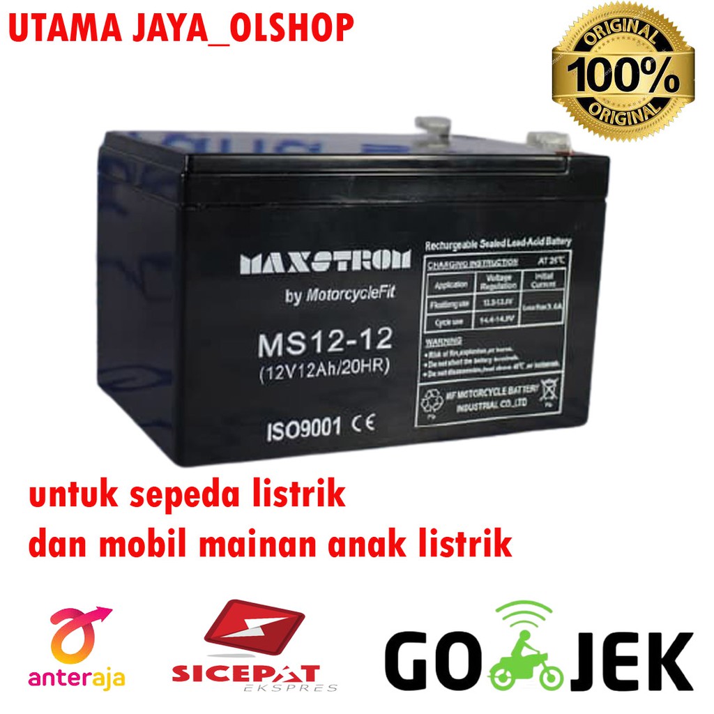 Aki kering baterai VRLA Maxstrom MF 12V 12AH sepeda listrik dan mobil mainan anak listrik