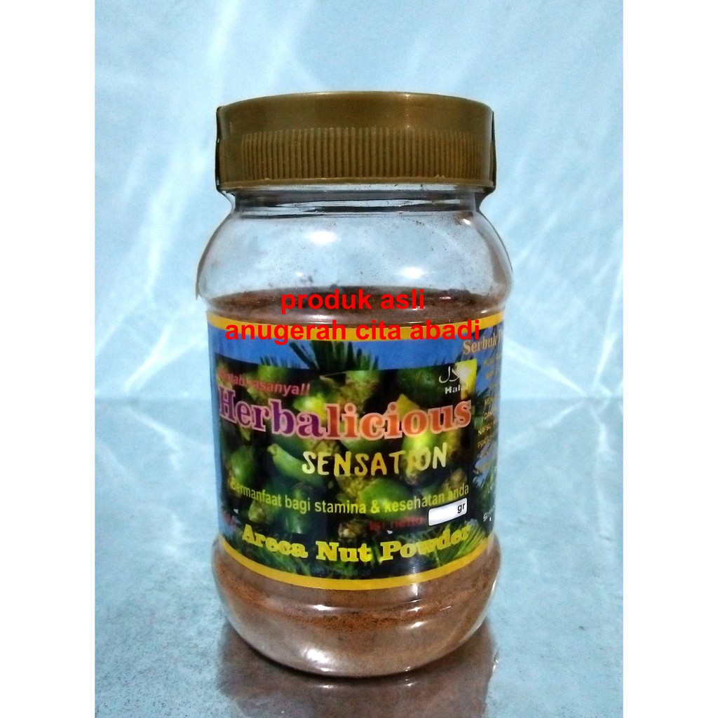 

Biji Pinang Jambe Bubuk Herbalicious Sensation Pure Areca Nut Powder 100gr / 250gr Toples Plastik