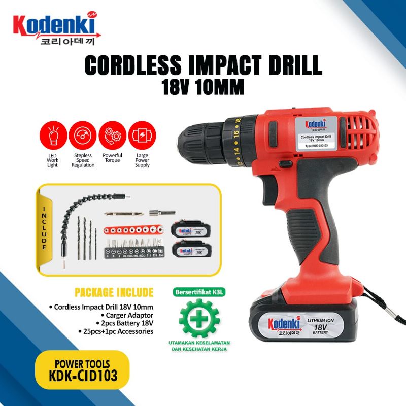 Kodenki Mesin Bor Tembok Cordless Baterai Cordless Impact Driil 18 Volt