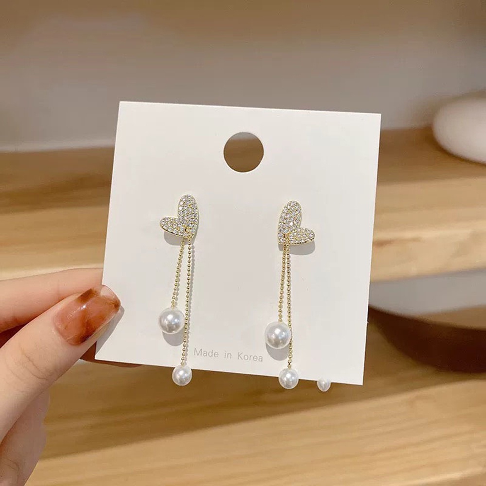 【COD Tangding】 Anting Tusuk Gantung Bentuk Hati Aksen Rumbai Mutiara Imitasi Untuk Wanita