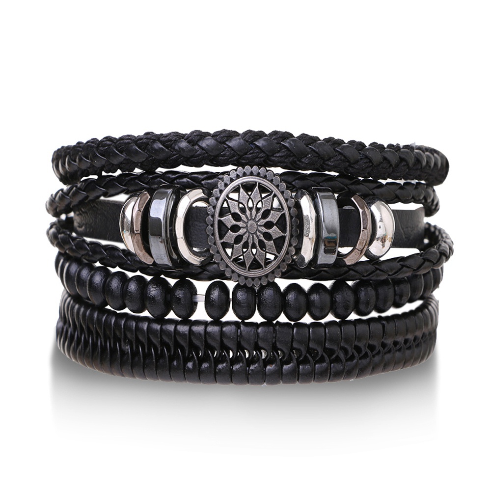 4pcs / set Gelang Tangan Kulit PU Adjustable Warna Hitam / Coklat Untuk Pria