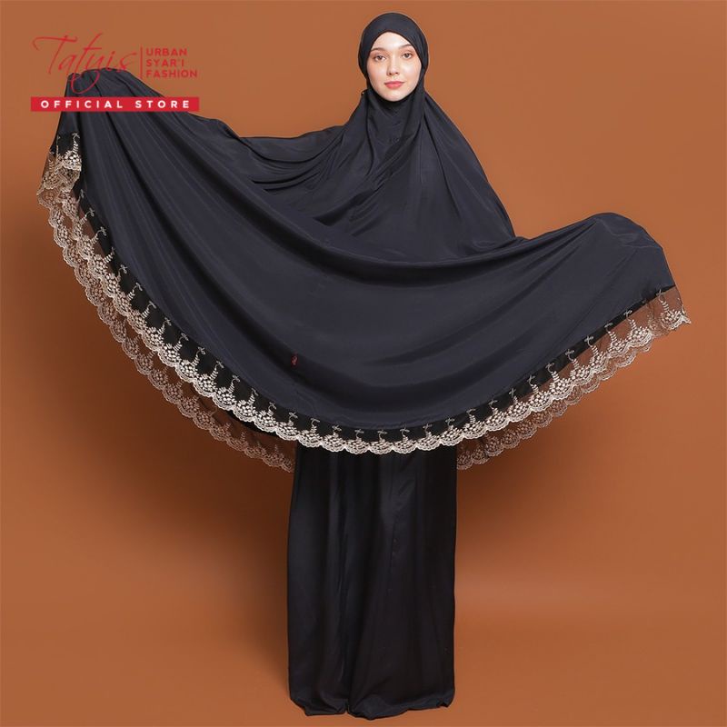 MUKENA TATUIS SHIVA 141 BLACK &amp; GOLD DEWASA MAXI JUMBO RAYON SATIN PREMIUM