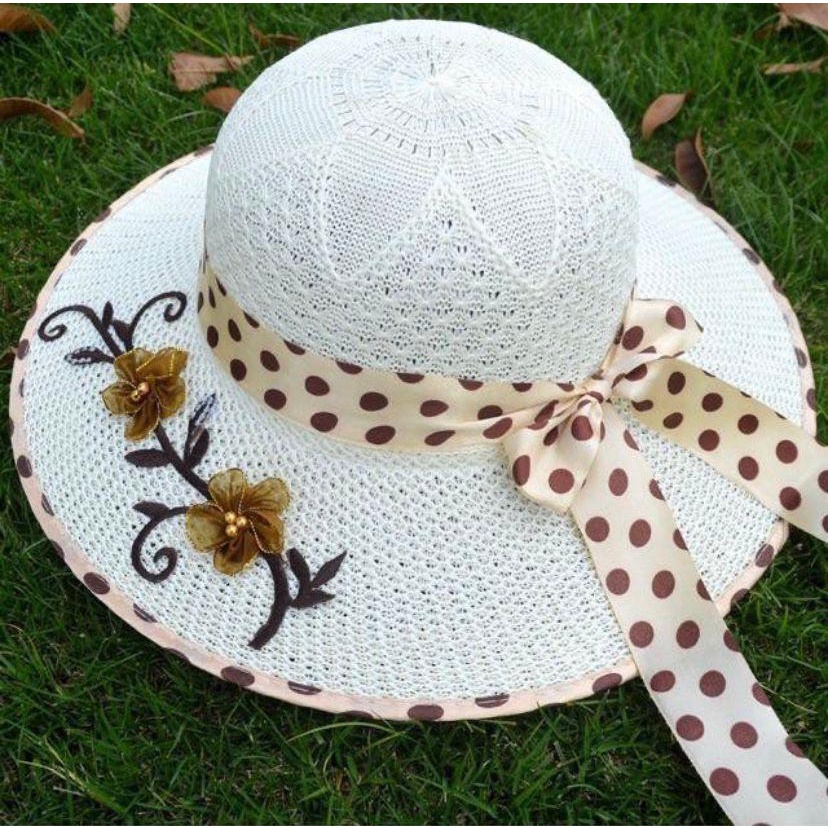 PROMO......Topi Pantai Bunga Vintage Pita Polkadot