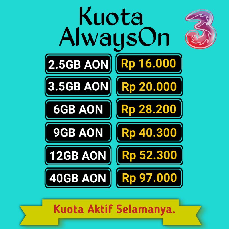 Inject Kuota 3 Tri Three AON PAKET DATA TRI Terlengkap & Murah Aktif Selamanya