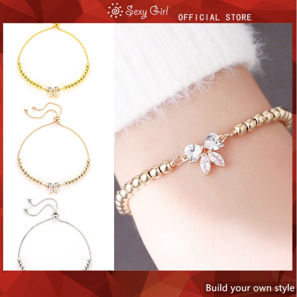 Gelang Tangan Rantai Adjustable Gaya Korea Motif Pita Aksen Zircon + Manik-Manik Untuk Perhiasan Wanita