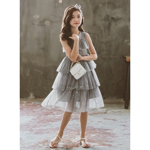 Dress Ruffle Grey Glitter/Dress Pesta Anak Perempuan