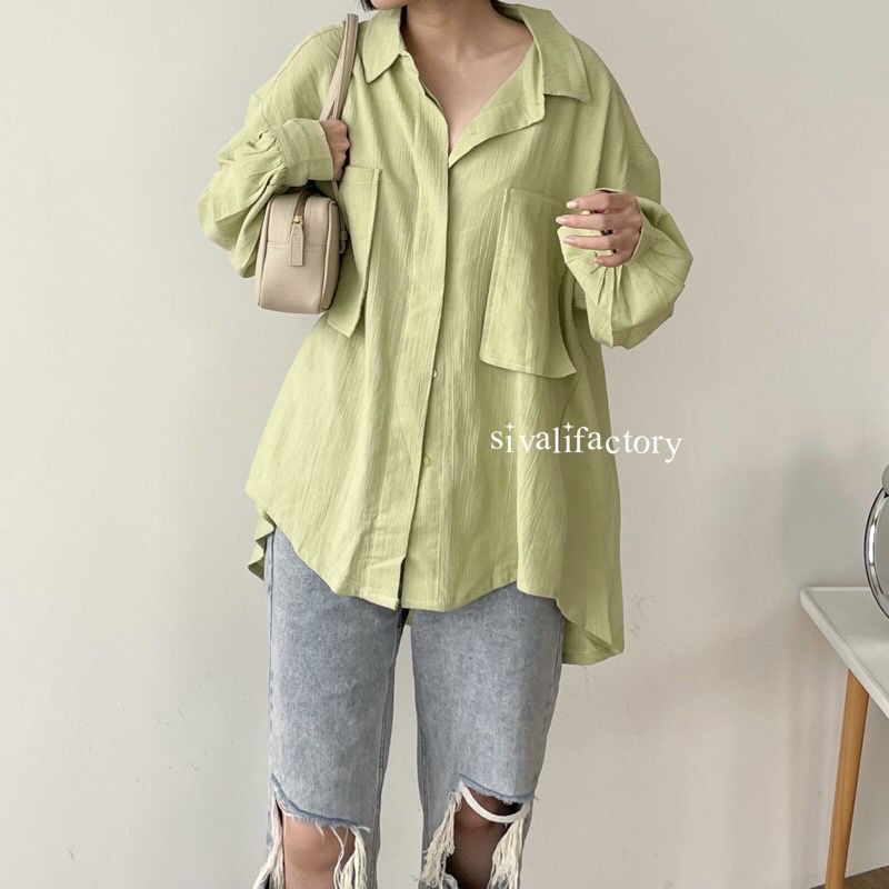 Ghea Shirt Baju Kemeja Oversize Linen Shirt Pocket Atasan Jumbo Wanita