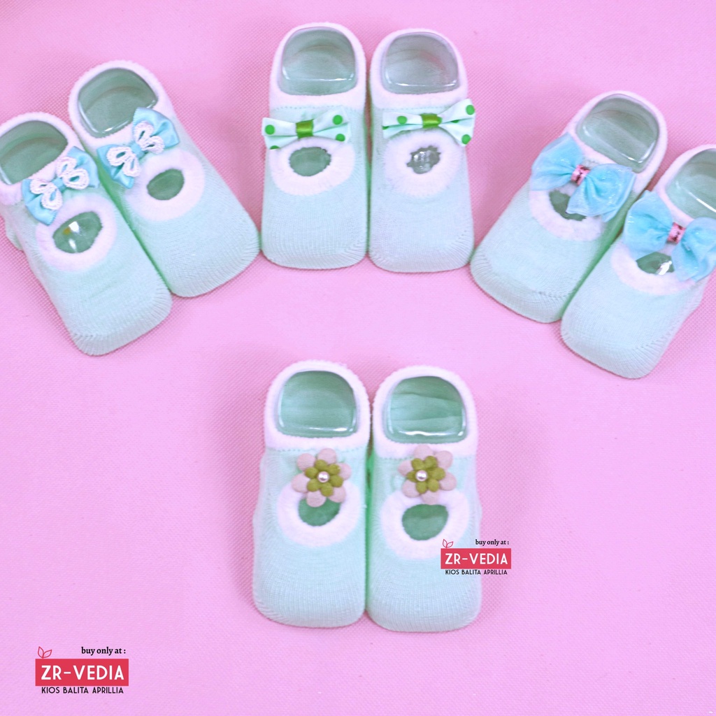 [HIJAU MUDA] Kaos Kaki Pita Renda &amp; Prewalker Socks 3D Bayi / Baby Perempuan Import Anti Slip Murah Polos Stretch Rajut Halus  Kiosbalitaaprillia