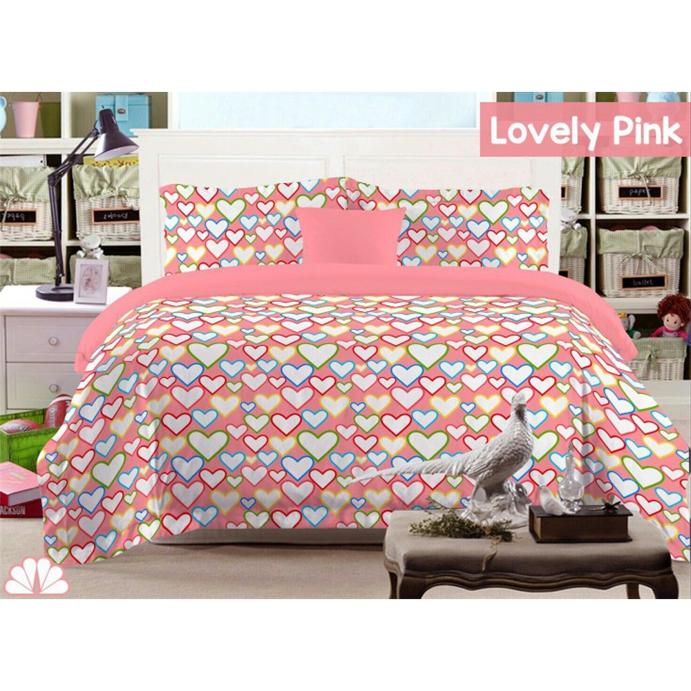 LARIS  Sprei Katun Premium Motif Love Pink , Uk 180x200, Kain Seprai Keren