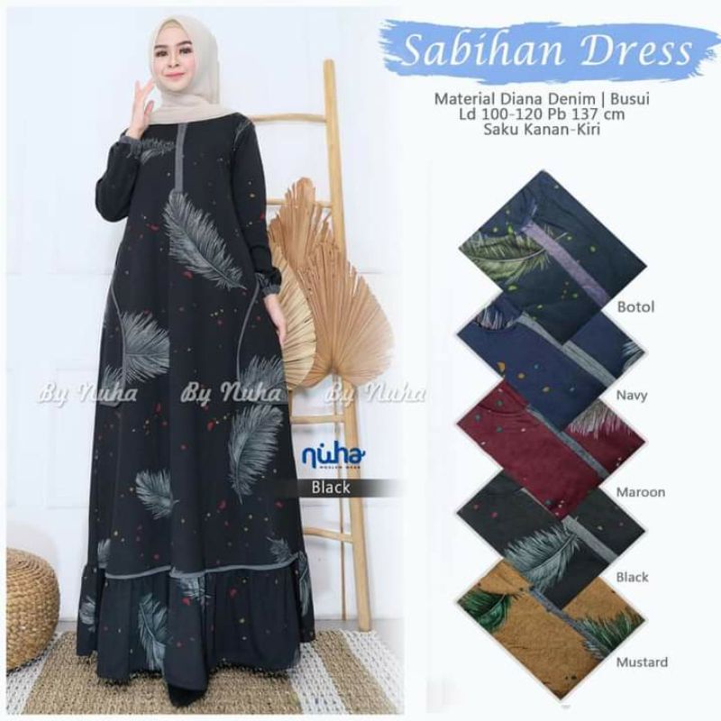 (RESTOCK) SABIHAN gamis jumbo harian ibu gamis kaos motif  gamis denim diana ori Nuha