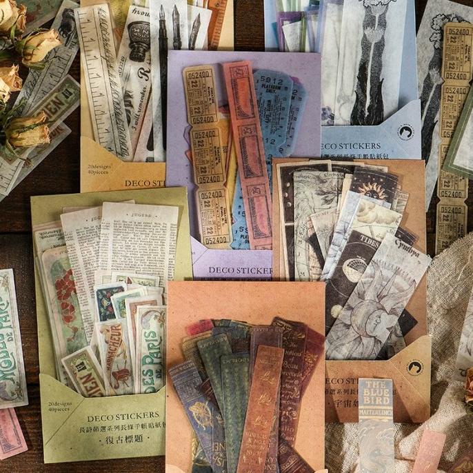

40pcs Pak Stiker Panjang Gaya Retro Untuk Alat Tulis Sekolah Scrapbook