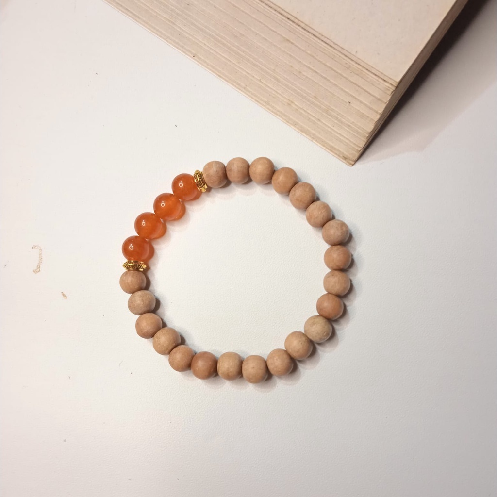 Gelang Batu Original Handmade Kayu Cendana Kombinasi Batu Alam Carnelian