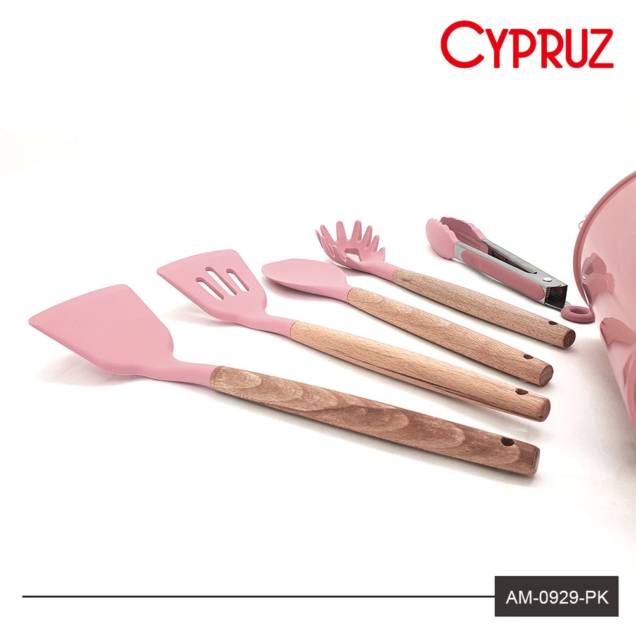 Cypruz Utensil Set AM-0929-PK Spatula Set Silikon Gagang Kayu PINK