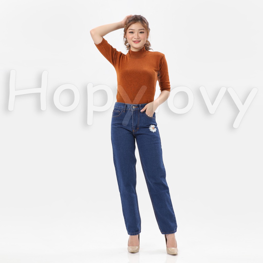 HOPYLOVY Celana Boyfriend Jeans Wanita Ellin Daisy Flower Print