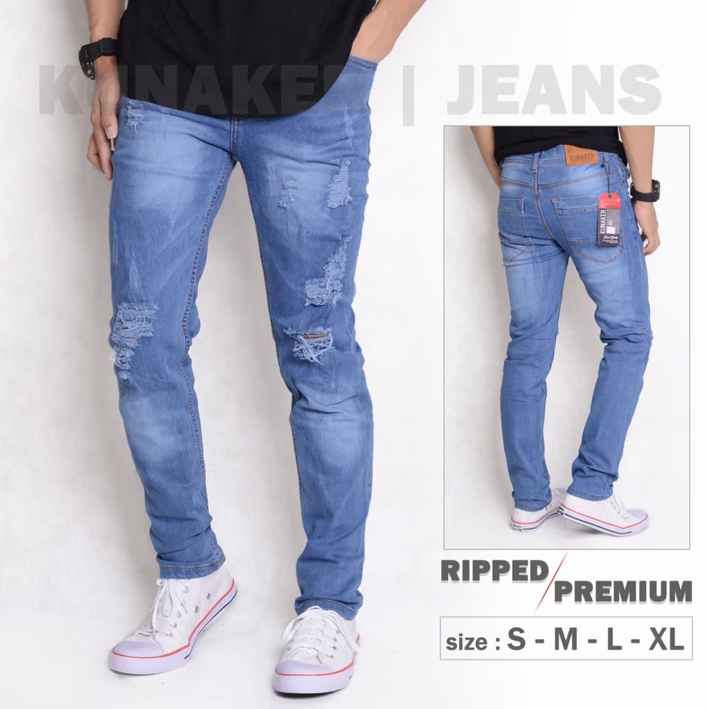Celana Jeans Pria Sobek Lutut - 3 RIPPED - S, M, L, & XL - Biru Terang - Celana Jeans Ripped Lois Je