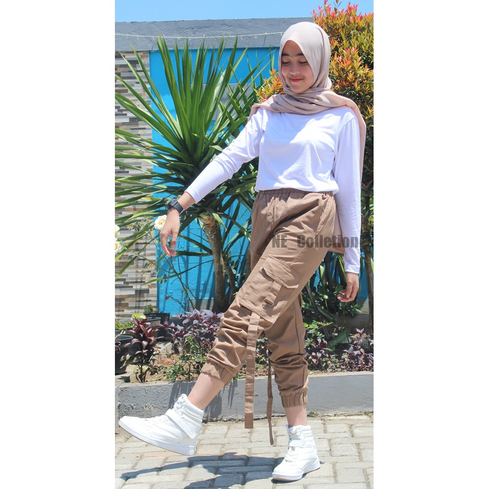 Celana Jogger PDL Wanita Celana Panjang Slim Fit Katun Premium Pinggang Elastis Jogger Cargo MILO