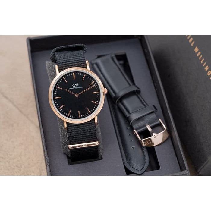 Jam Tangan Wanita / Cewek DW Paket Ladies Hitam plat Hitam