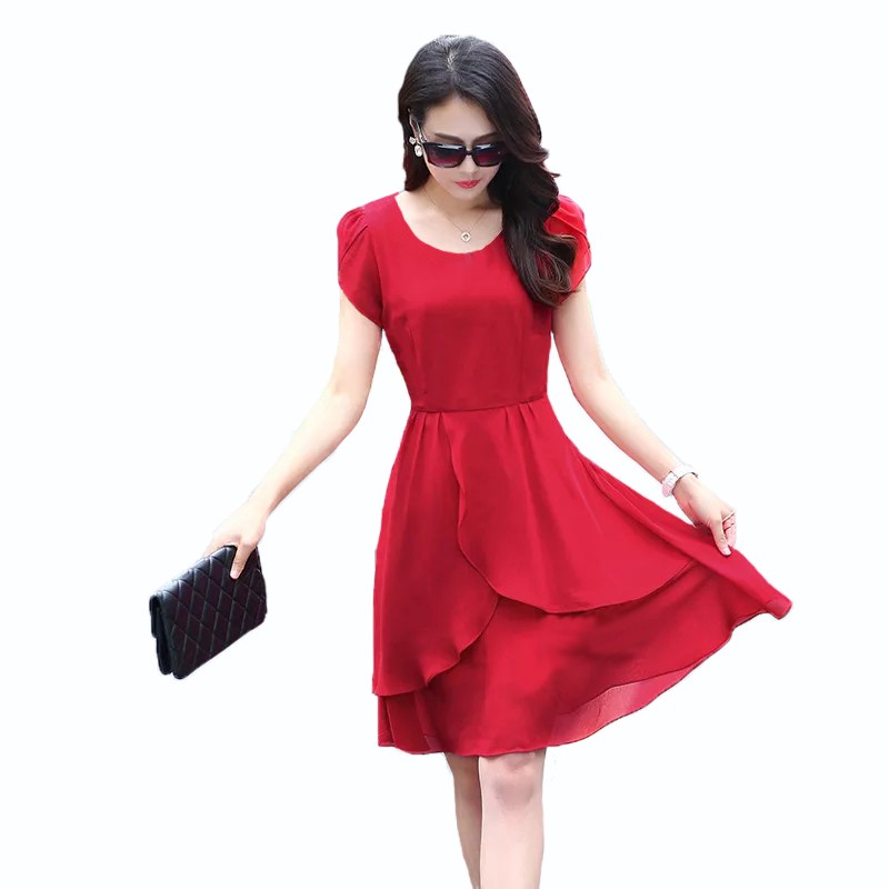 Midi Dress Sifon Tangan Pendek Gaya Korea Model Terbaru - XSHOP Indira