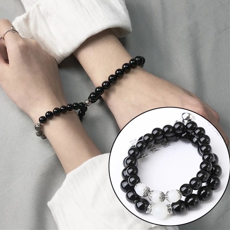 2pcs / Set Gelang Manik-Manik Obsidian Imitasi Elastis Untuk Pasangan