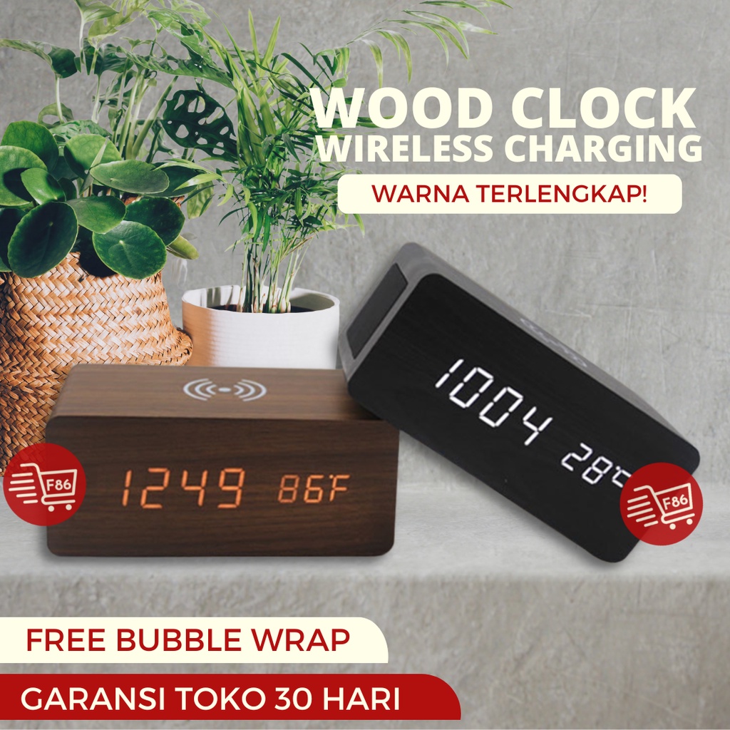 Jam Meja Kayu Digital Led /Jam Estetik + SUHU + Bluetooth Loudspeaker + Wireless Charging /Digital Wood Smart Alarm Clock/ ESTETIK JAM WEKER Speaker