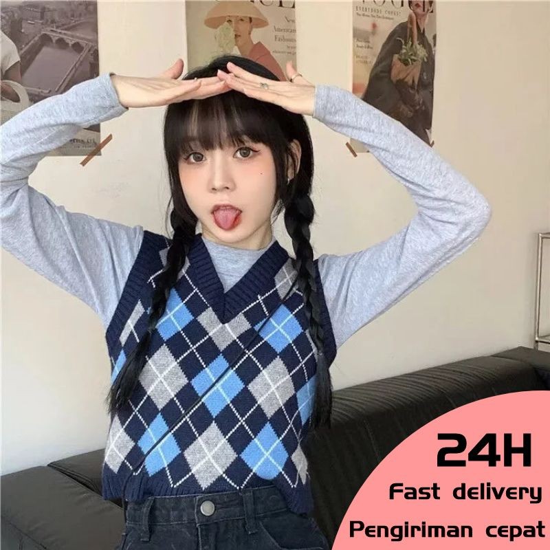 S-XL Ready Vest Rajut  Rompi tanpa lengan rajutan retro baru blackpink Rompi Biru Rompi